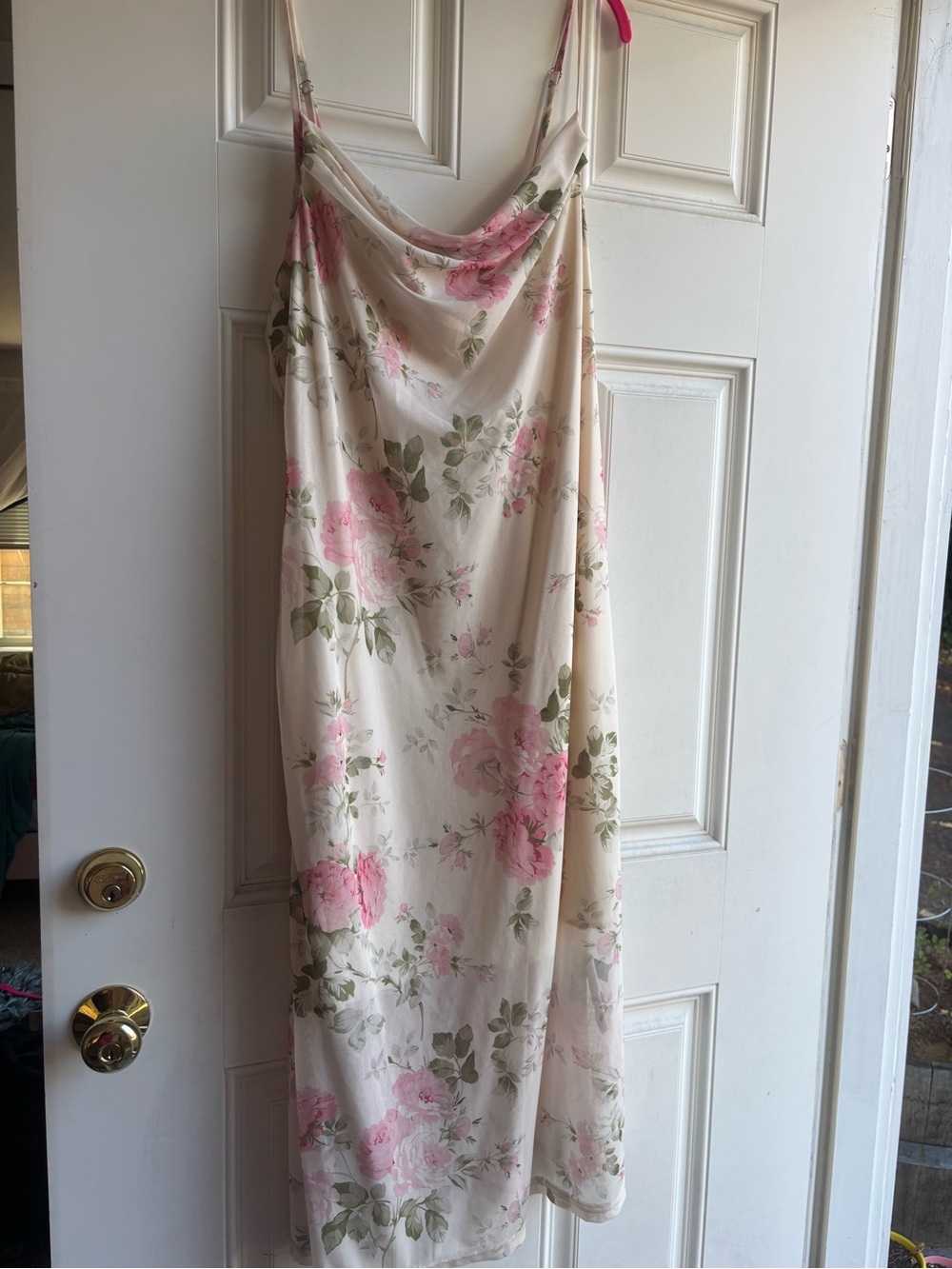 Floral Satin Cowl Neck Slip Skirt - Cream with Pink Roses
